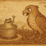 Illustration of Frog confronting Hawk in Bakongo folktale from Congo, reclaiming his debt through wit and persistence.