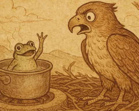 Illustration of Frog confronting Hawk in Bakongo folktale from Congo, reclaiming his debt through wit and persistence.