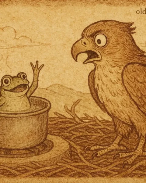Illustration of Frog confronting Hawk in Bakongo folktale from Congo, reclaiming his debt through wit and persistence.