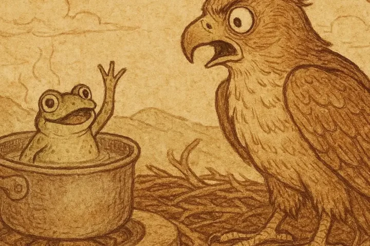 Illustration of Frog confronting Hawk in Bakongo folktale from Congo, reclaiming his debt through wit and persistence.