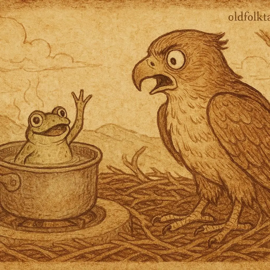 Illustration of Frog confronting Hawk in Bakongo folktale from Congo, reclaiming his debt through wit and persistence.