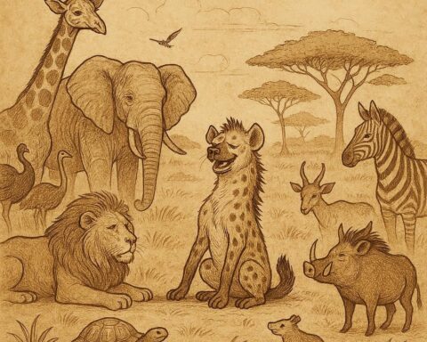 animals in the Malian savannah rejecting a greedy hyena who wanted to be king Mali folktale