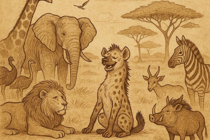 animals in the Malian savannah rejecting a greedy hyena who wanted to be king Mali folktale