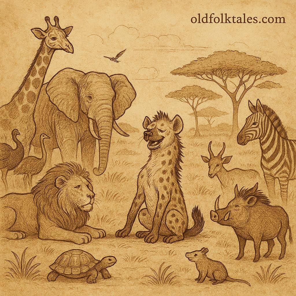 animals in the Malian savannah rejecting a greedy hyena who wanted to be king Mali folktale