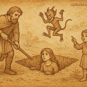 Illustration of Bakongo folktale showing a child saving his mother from an Imp’s trap