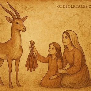 Gazelle presenting dried meat to a mother and daughter in a Congolese folktale, forest background.