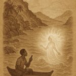 the Spirit of Anse Major folktale from Seychelles showing a glowing sea spirit rising from the ocean while a fisherman in a canoe watches.