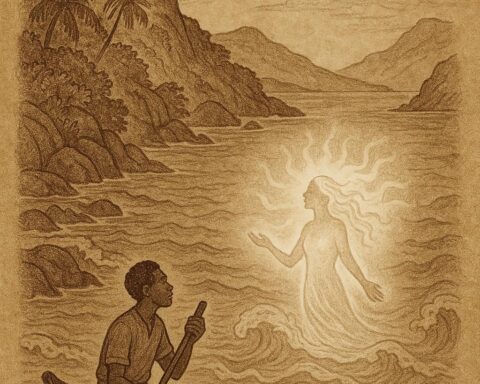 the Spirit of Anse Major folktale from Seychelles showing a glowing sea spirit rising from the ocean while a fisherman in a canoe watches.