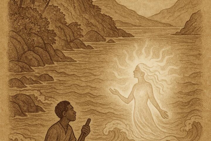 the Spirit of Anse Major folktale from Seychelles showing a glowing sea spirit rising from the ocean while a fisherman in a canoe watches.