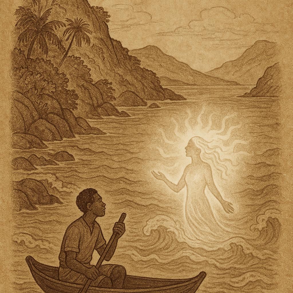 the Spirit of Anse Major folktale from Seychelles showing a glowing sea spirit rising from the ocean while a fisherman in a canoe watches.