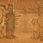 Gazelle trapped by Bakongo nkondi fetish as Leopard watches in traditional DR Congo folktale scene.