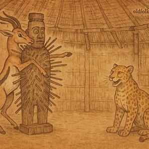 Gazelle trapped by Bakongo nkondi fetish as Leopard watches in traditional DR Congo folktale scene.