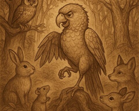 Clever parrot standing on one leg in a dense Fang forest while other forest animals watch – Cameroon folktale