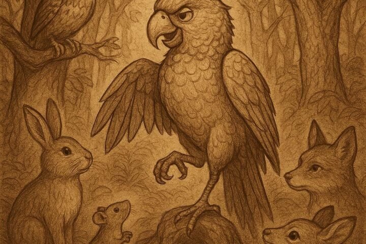 Clever parrot standing on one leg in a dense Fang forest while other forest animals watch – Cameroon folktale