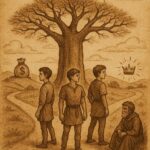 Three young men standing at a crossroads beneath a great baobab tree, each gazing in a different direction symbolizing wealth, power, and fame, with the old man seated under the tree watching them, parchment-style illustration with warm earthy tones, oldfolktales.com logo at the top right.