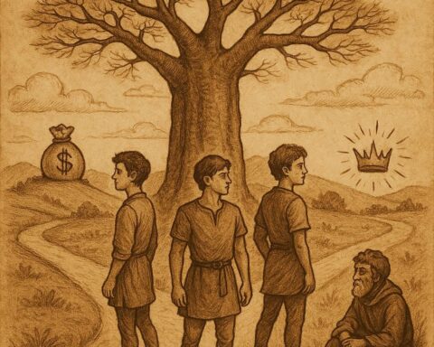 Three young men standing at a crossroads beneath a great baobab tree, each gazing in a different direction symbolizing wealth, power, and fame, with the old man seated under the tree watching them, parchment-style illustration with warm earthy tones, oldfolktales.com logo at the top right.