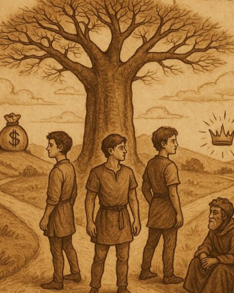 Three young men standing at a crossroads beneath a great baobab tree, each gazing in a different direction symbolizing wealth, power, and fame, with the old man seated under the tree watching them, parchment-style illustration with warm earthy tones, oldfolktales.com logo at the top right.