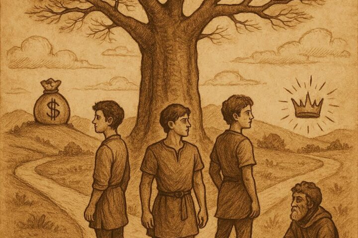 Three young men standing at a crossroads beneath a great baobab tree, each gazing in a different direction symbolizing wealth, power, and fame, with the old man seated under the tree watching them, parchment-style illustration with warm earthy tones, oldfolktales.com logo at the top right.