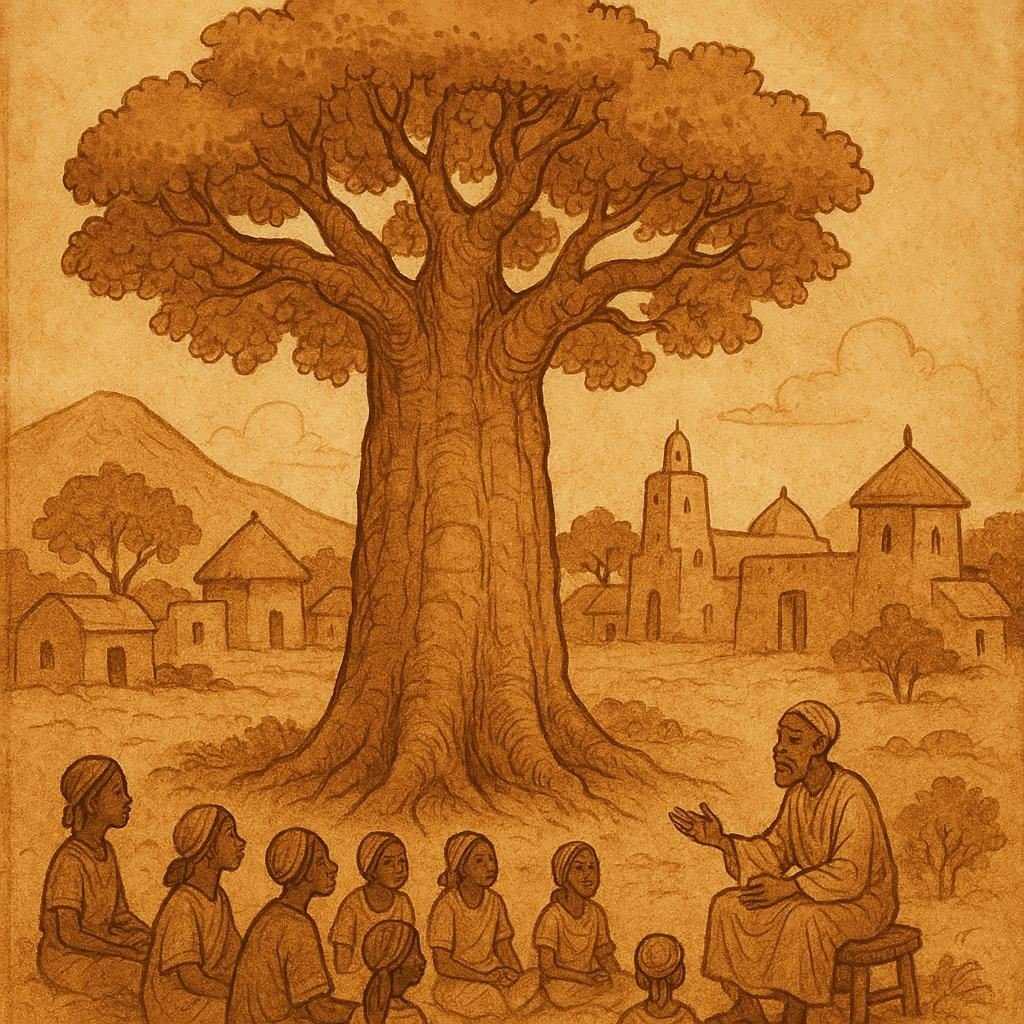 a sacred baobab tree in a Malian village with people gathered around listening Mali folktale