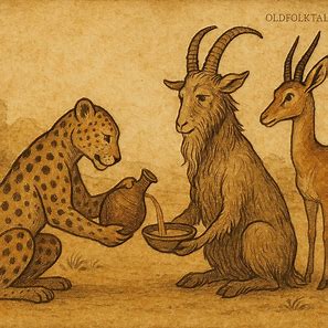 Leopard bowing to the Goat with horns as Gazelle observes, Bakongo folktale from DR Congo.
