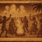 villagers dancing around a fire on a Seychellois beach at night as glowing ancestral spirits rise from the sea to join the sacred moutya drum dance