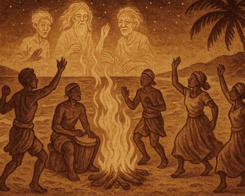 villagers dancing around a fire on a Seychellois beach at night as glowing ancestral spirits rise from the sea to join the sacred moutya drum dance