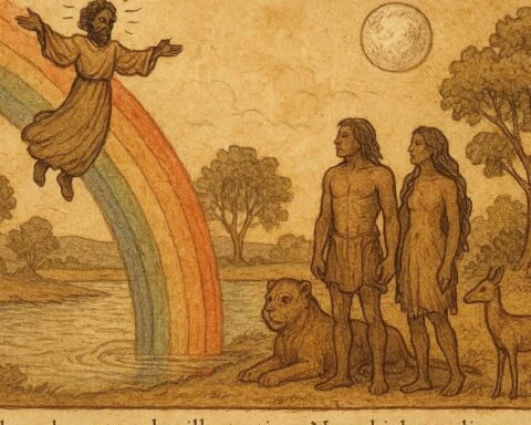 Nzambi descends on a rainbow to create humans and life in a Lozi folktale from Zambia.