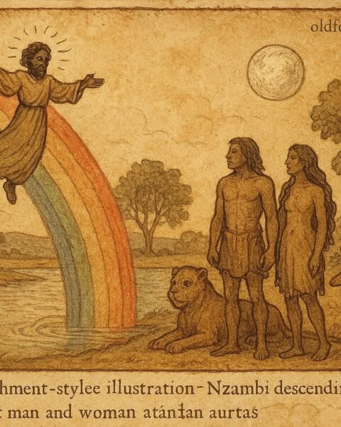Nzambi descends on a rainbow to create humans and life in a Lozi folktale from Zambia.