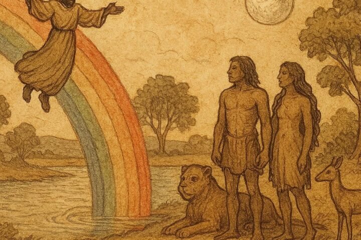 Nzambi descends on a rainbow to create humans and life in a Lozi folktale from Zambia.