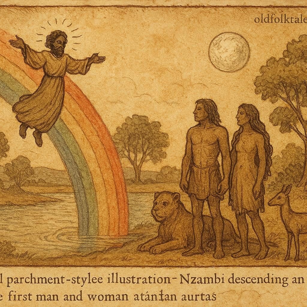 Nzambi descends on a rainbow to create humans and life in a Lozi folktale from Zambia.