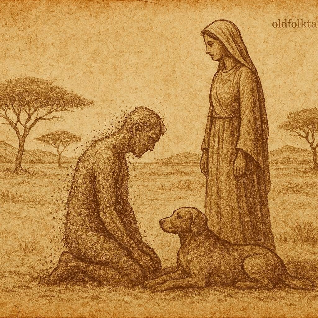 Parchment-style illustration of man, woman, and dog in Somali creation folktale, with desert landscape.