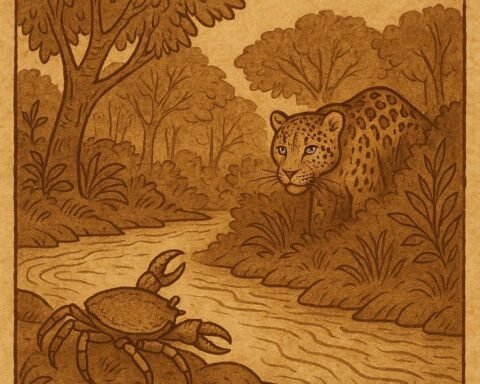 A crab at the riverbank moving toward the water while a leopard watches from the forest - Gabonese folktale