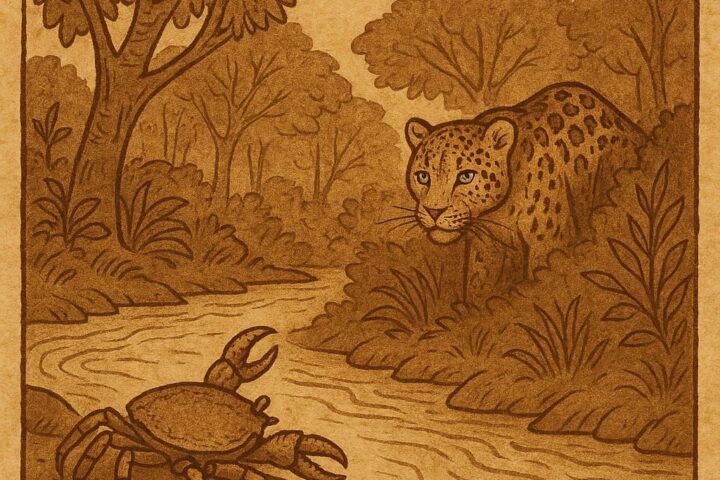 A crab at the riverbank moving toward the water while a leopard watches from the forest - Gabonese folktale