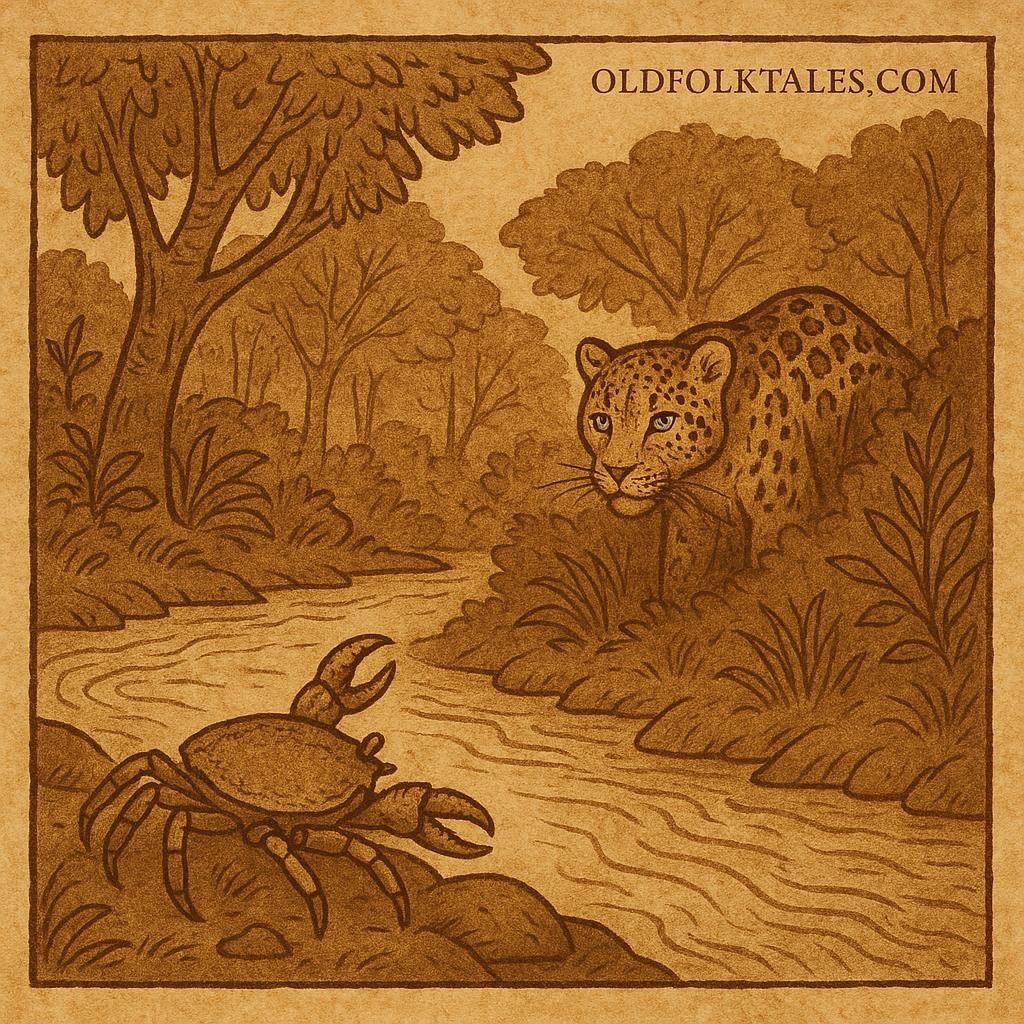 A crab at the riverbank moving toward the water while a leopard watches from the forest - Gabonese folktale