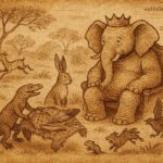 Illustration of elephant king, hare councillor, and lizard’s deceit in a traditional Bemba folktale from Zambia.