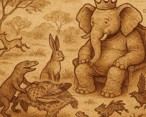 Illustration of elephant king, hare councillor, and lizard’s deceit in a traditional Bemba folktale from Zambia.