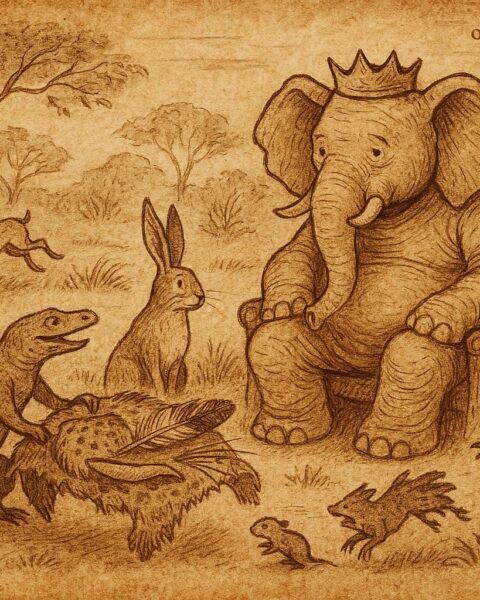 Illustration of elephant king, hare councillor, and lizard’s deceit in a traditional Bemba folktale from Zambia.