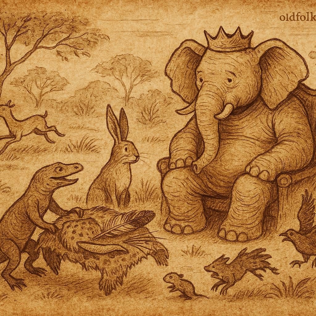Suspicion Spreads – OldFolktales.com | FolktalesAfrica.com Illustration of elephant king, hare councillor, and lizard’s deceit in a traditional Bemba folktale from Zambia.
