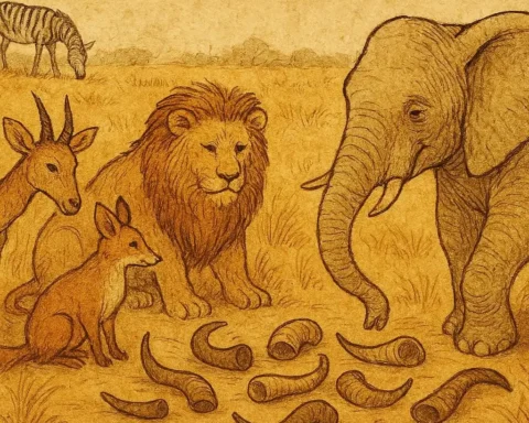 Illustration of animals receiving horns while zebra grazes, from a traditional Bemba folktale in Zambia.