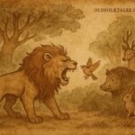 Tiny bird outsmarts a lion in Bemba folktale from Zambia, animals watch in forest.