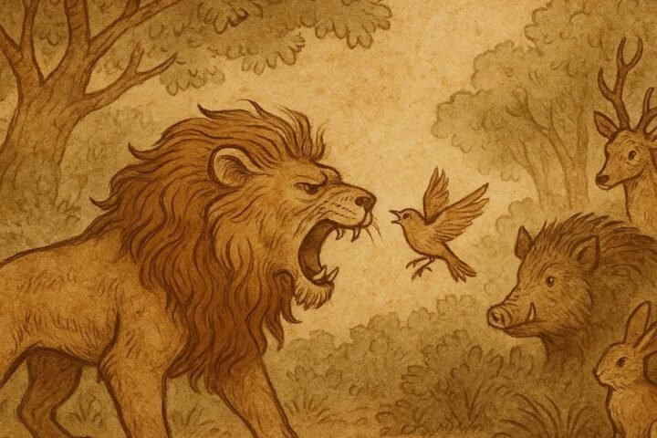 Tiny bird outsmarts a lion in Bemba folktale from Zambia, animals watch in forest.