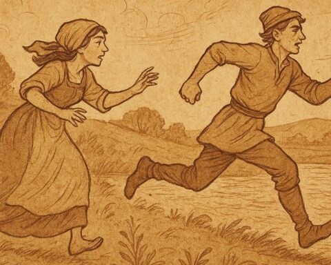 A Zambian Bemba folktale showing the fish-husband running to the river.