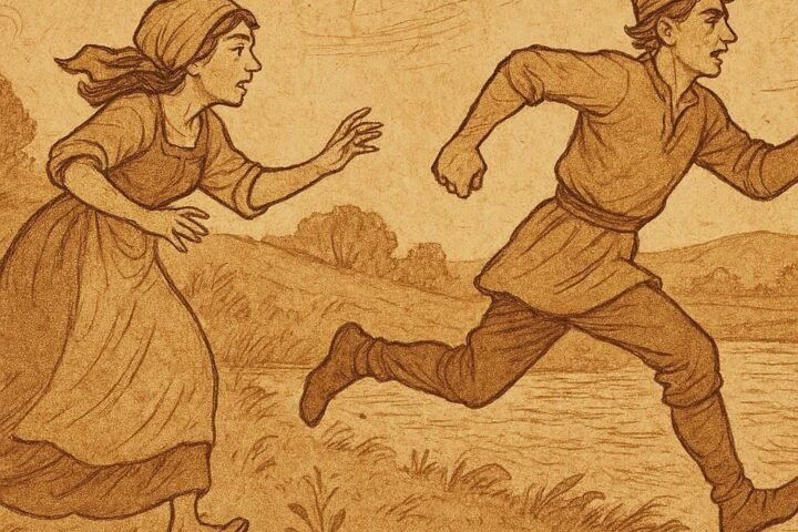 A Zambian Bemba folktale showing the fish-husband running to the river.