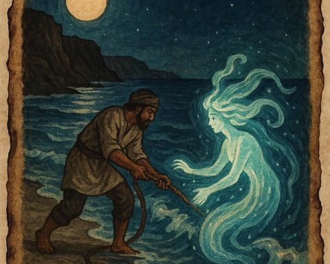 Fisherman on the Libyan coast rescuing a glowing sea spirit at night