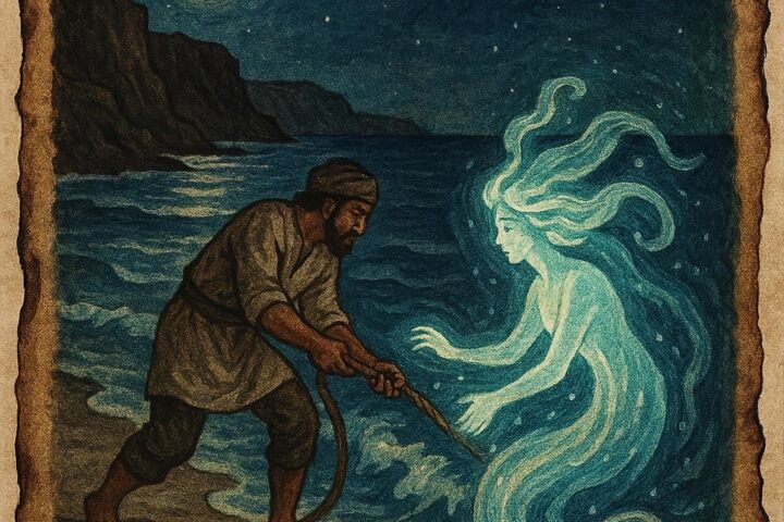 Fisherman on the Libyan coast rescuing a glowing sea spirit at night
