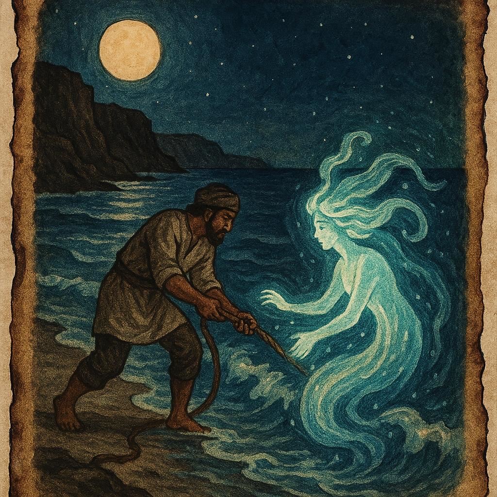 Fisherman on the Libyan coast rescuing a glowing sea spirit at night
