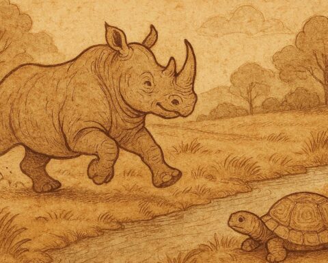 A proud rhinoceros racing while a turtle outsmarts him, traditional Bemba folktale from Zambia.