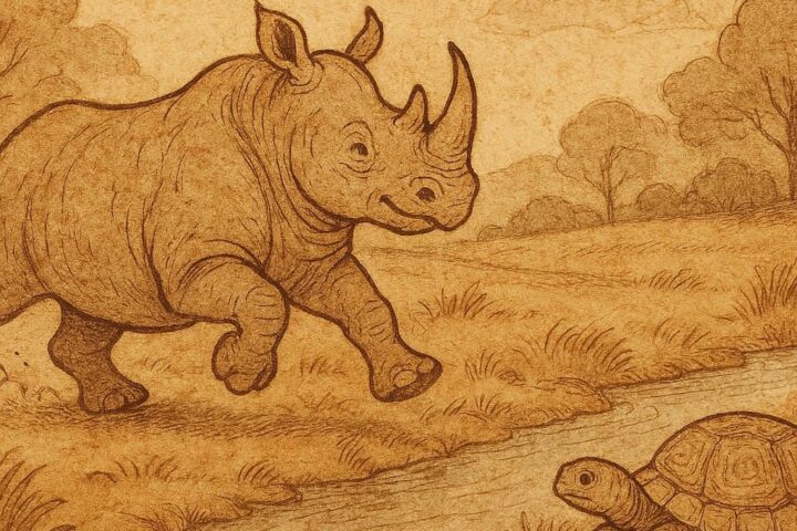 A proud rhinoceros racing while a turtle outsmarts him, traditional Bemba folktale from Zambia.