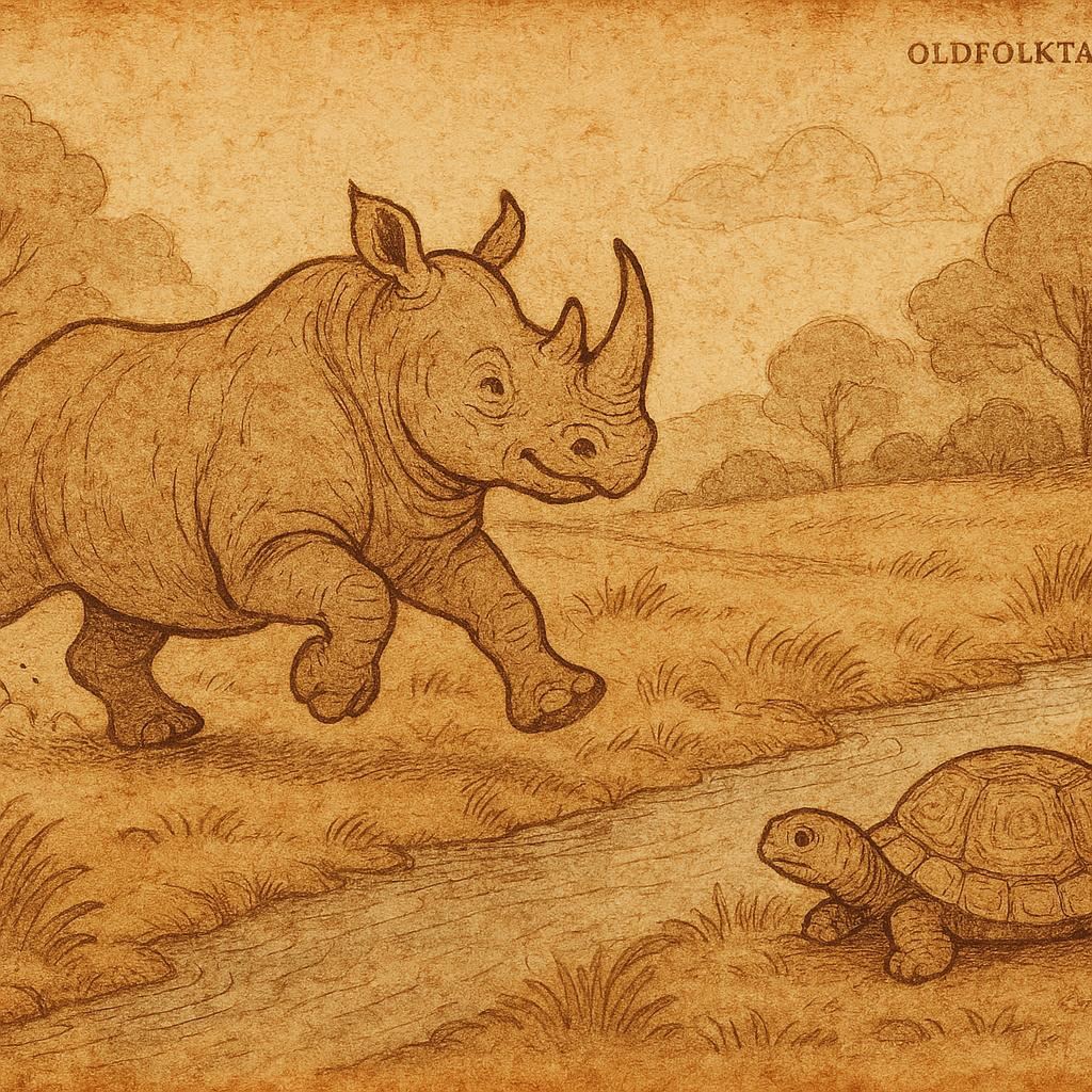 A proud rhinoceros racing while a turtle outsmarts him, traditional Bemba folktale from Zambia.