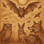 Bat flying at night while animals and birds reject him, Leonean folktale